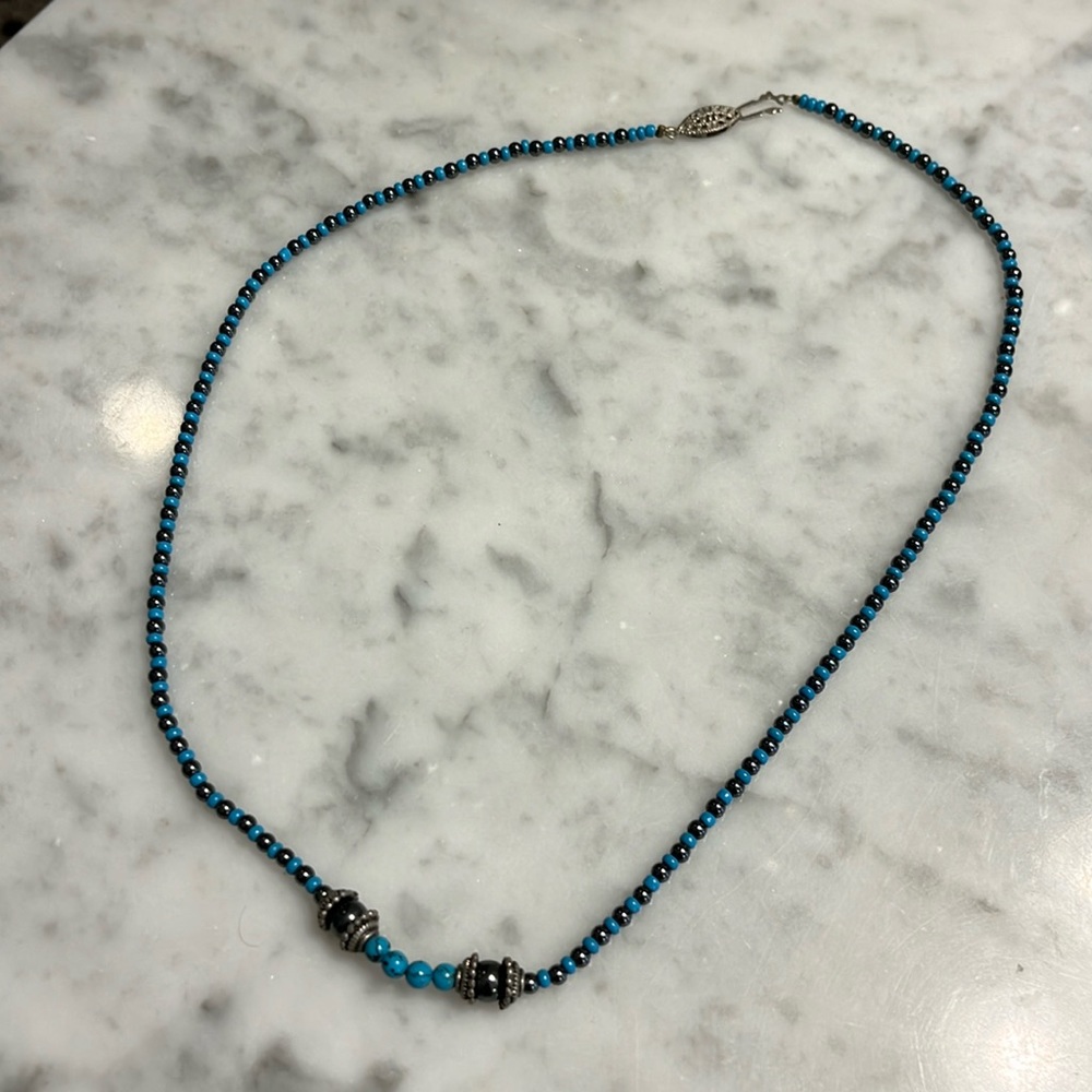 Necklace with turquoise beads and black hematite small beads